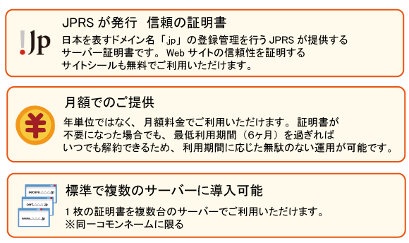 1.JPRSが発行　信頼の証明書　2.月額でのご提供　3.標準で複数のサーバーに導入可能